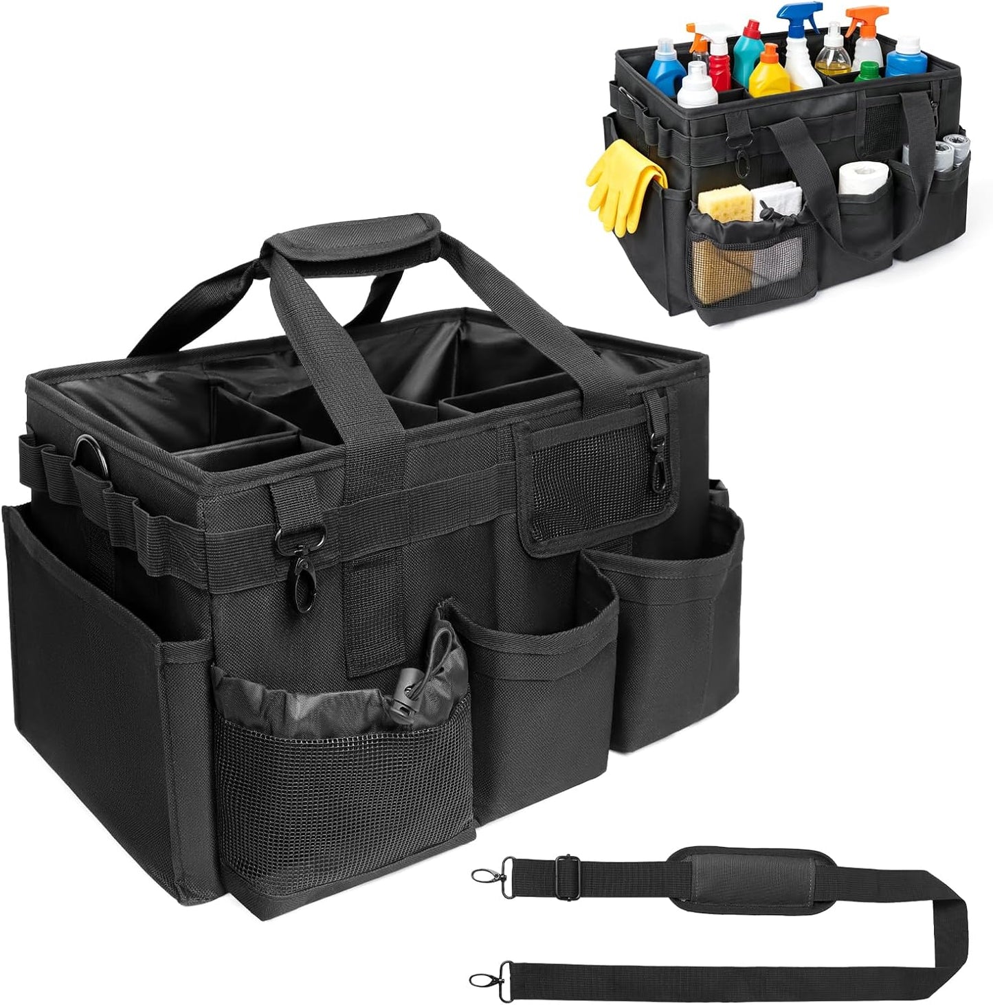 Large Cleaning Caddy Organizer, Adj Straps & Board Dividers Heavy‑Duty | Waterproof Nylon Fabric, Handle, Removable Divider, Tool Bags for Housekeepers, Car detailing, Kitchen Bathroom