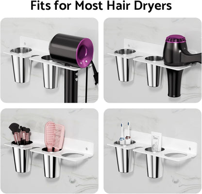 Hair Tool Organizer Wall Mount, White Acrylic Hot Tool Holder with 2Cups, Bathroom Hair Styling Accessories Storage Organizer for Flat Iron, Blow Dryer, Curling Wand