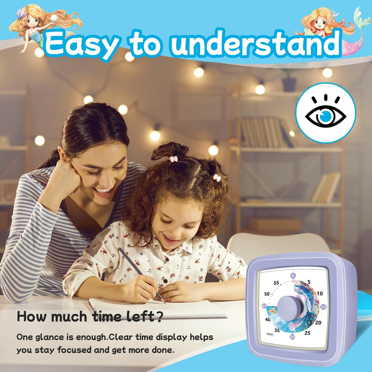 Kids Visual Timer 60 Minute – Countdown Clock for Homework, Kitchen Timer for Cooking, Silent Mini Timer with Cute Mermaid Shell Pattern, Gift Timers for Kids Focus & Daily Routines, Purple