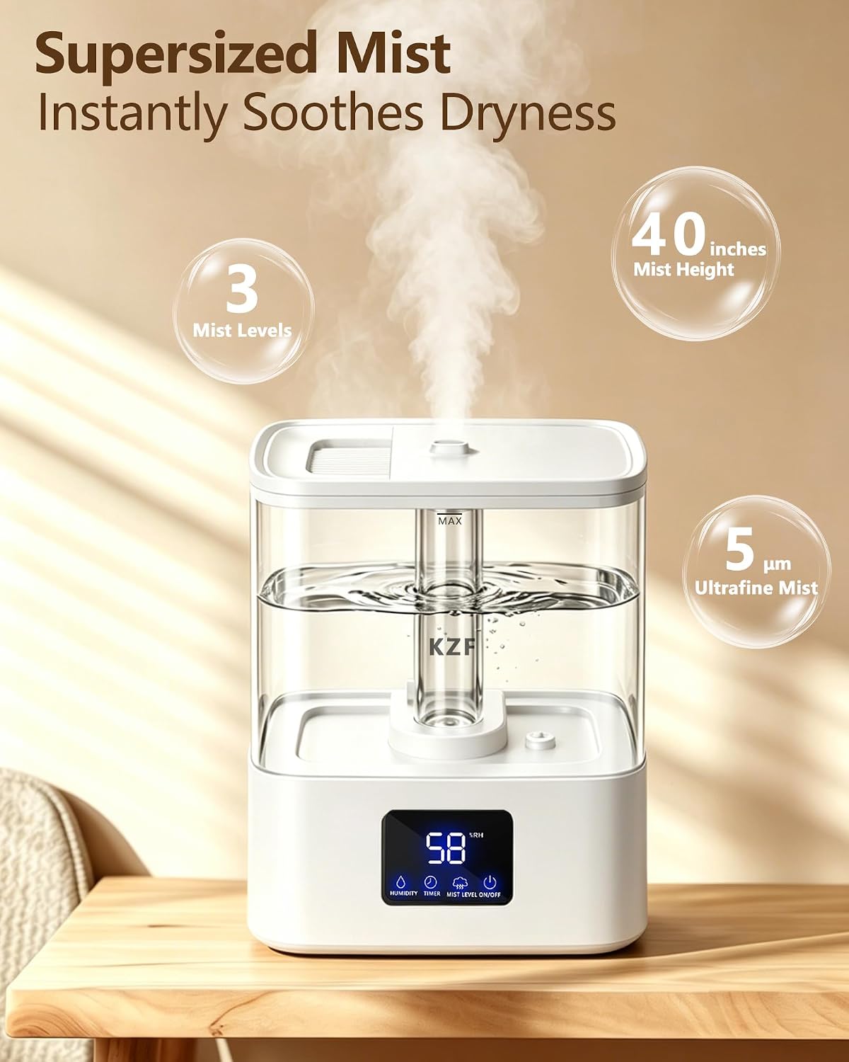 KZF Humidifiers for Bedroom, 4L Cool Mist Humidifier for Large Room, Black