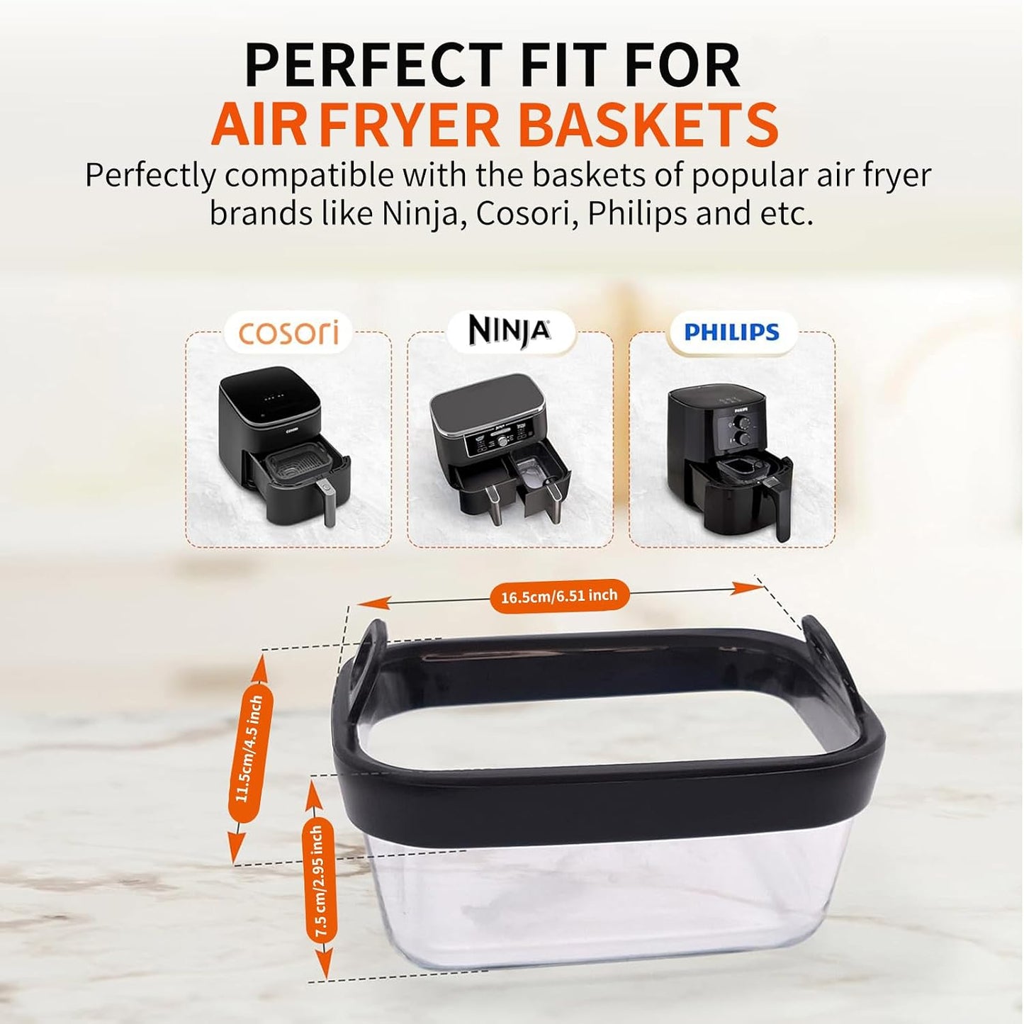 Air Fryer Glass Liner with Removable Silicone Ring, Air Fryer Accessories | Reusable Glass Air Fryer Basket Insert for Ninja Foodi DZ201 DZ401 DZ550, 8-10QT Dual Air Fryer, Dishwasher Safe, Easy Rinse