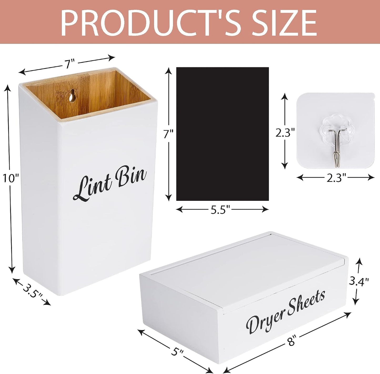 FJO 2 Pack Magnetic Lint Bin 10’’ x 7’’ and Dryer Sheet Holder 8’’ x 5’’ | Wall Mounted Bamboo Wood Trash Can Compact Size Laundry Room Accessories Supplies