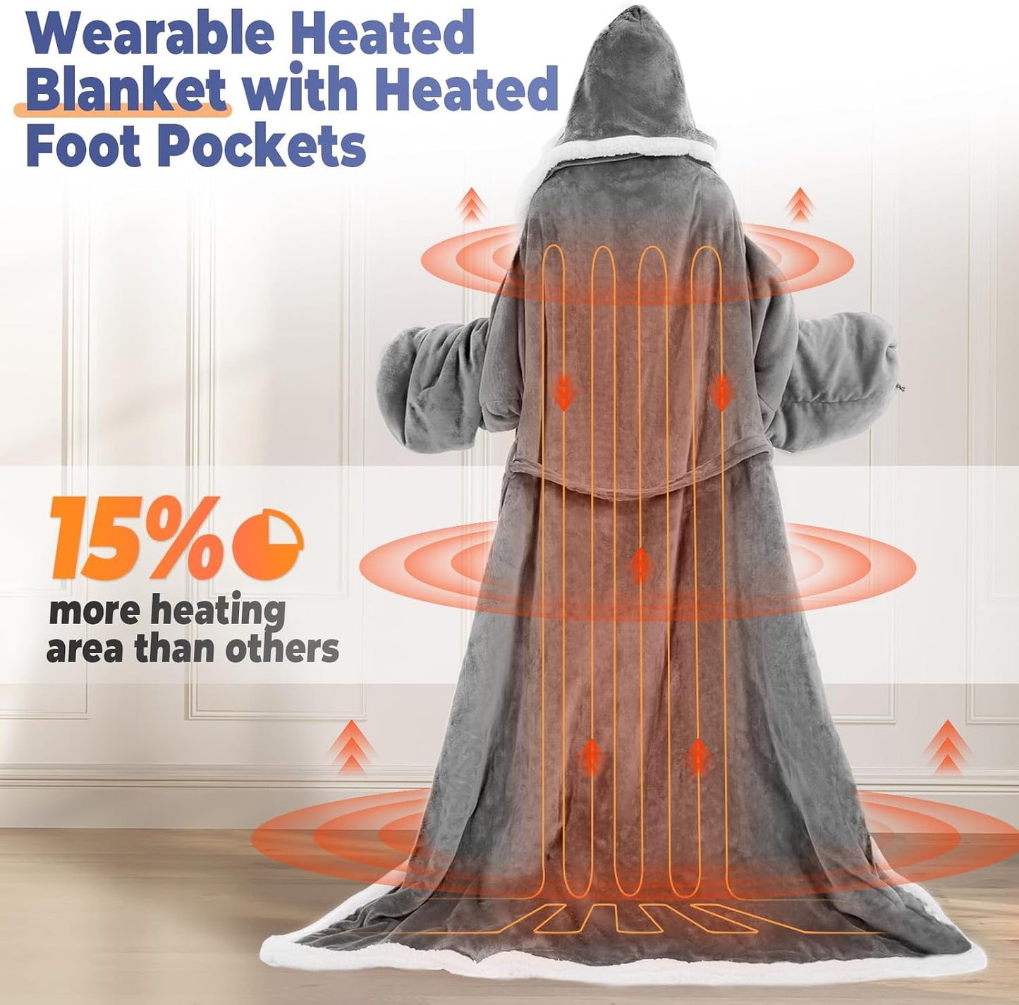 Wearable Heated Blanket with Foot Pocket, Electric Wearable Throw Blanket with Sleeves, Hood, Portable Heated Blanket with 8 Heat Settings, 1-10 Hours Auto Shut-off, Gift for Family, Friends, 50*70"