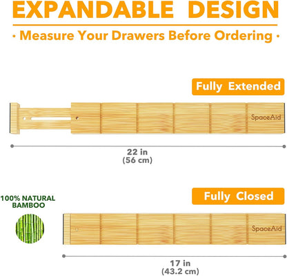 SpaceAid Bamboo Drawer Dividers with Inserts and Labels, Kitchen Adjustable Drawer Organizers, Expandable Organization for Home, Office, Dressers, 4 Dividers with 9 Inserts (17"-22" Natural)