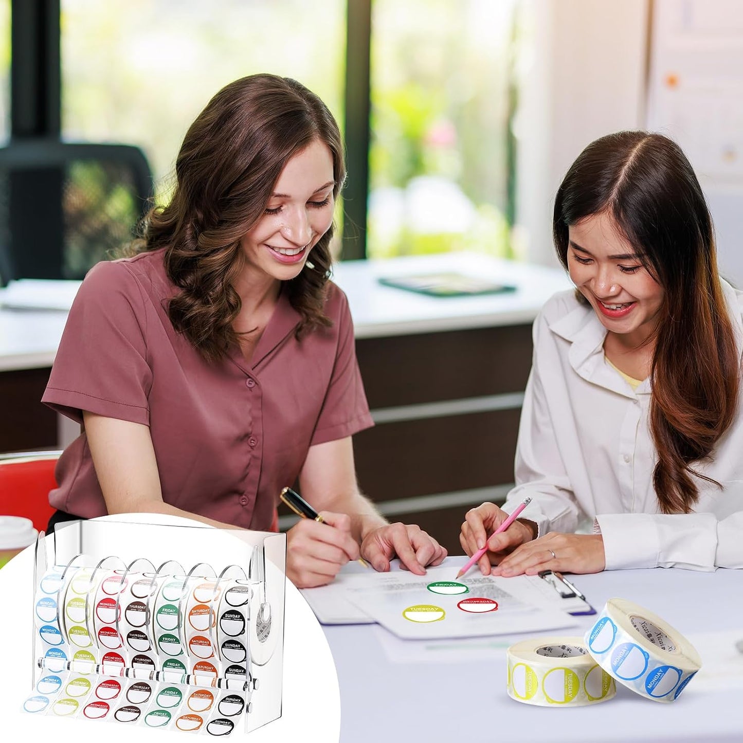 Resurhang 7000 Pcs Day of The Week Labels Food Labels with Adjustable Label Dispenser Monday Through Sunday Management Inventory Stickers Removable Weekly Self Adhesive Date Dot Stickers (Square)