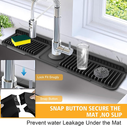 17.7-Inch Kitchen Sink Splash Guard Mat | 7° Slope for Fast Self-Draining | Snap-Lock Design | Universal & Cuttable Silicone Faucet Mat Gray