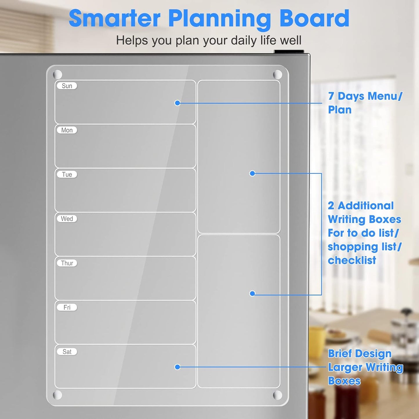 Acrylic Meal Planner Weekly Calendar Menu Board for Kitchen, w/ 8 Markers | Clear Weekly Fridge Calendar Planning Note Board Dry Erase to Do/Grocery/Shopping List/Chore Chart, 12.8x9’’