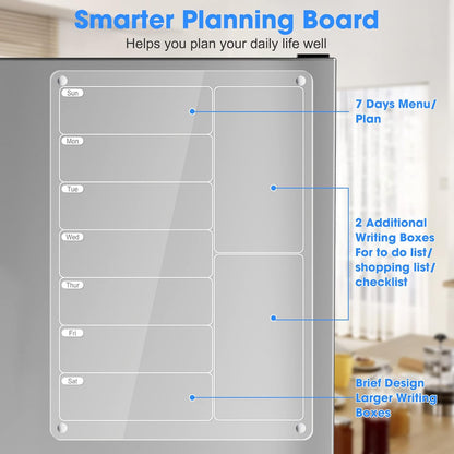 Acrylic Meal Planner Weekly Calendar Menu Board for Kitchen, w/ 8 Markers | Clear Weekly Fridge Calendar Planning Note Board Dry Erase to Do/Grocery/Shopping List/Chore Chart, 12.8x9’’