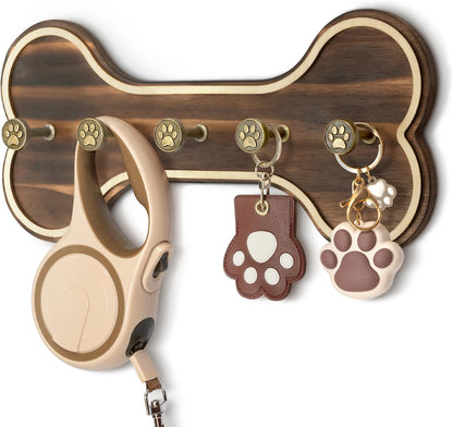 MTERSN Dog Leash Holder Wall Mount with 3D Paws Hooks, Distressed White | Bone-Shaped Dog Leash Holder for Wall, Leash Holder, 5 Dog Leash Hook, Pet Accessories Storage, Gift for Dog Lovers