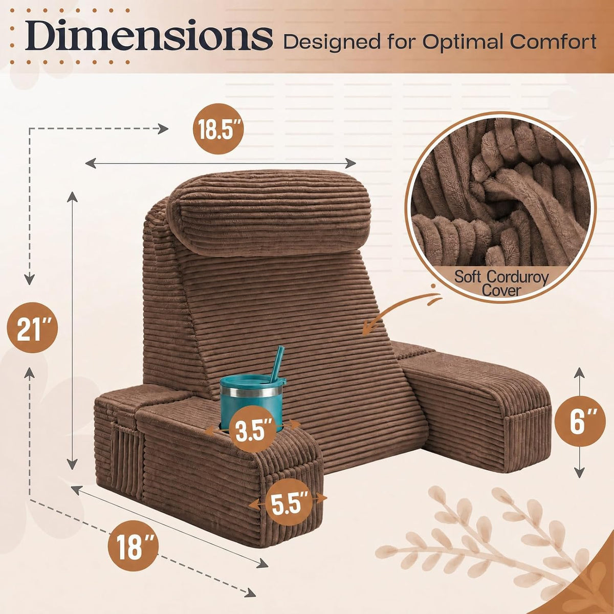 Reading Pillow/Backrest Pillow with Arms, Cup Holder & Phone Pocket