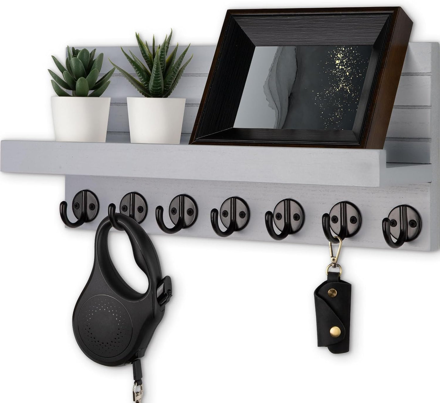 Lwenki Key Holder Wall Mount, Entryway Key and Mail Holder with 7 Sturdy Hooks for Sunglasses, Dog Leash, Decorative Wall Shelf with Mounting Hardware, 15”W x 6.7”H x 4.2”D