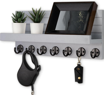 Lwenki Key Holder Wall Mount, Entryway Key and Mail Holder with 7 Sturdy Hooks for Sunglasses, Dog Leash, Decorative Wall Shelf with Mounting Hardware, 15”W x 6.7”H x 4.2”D