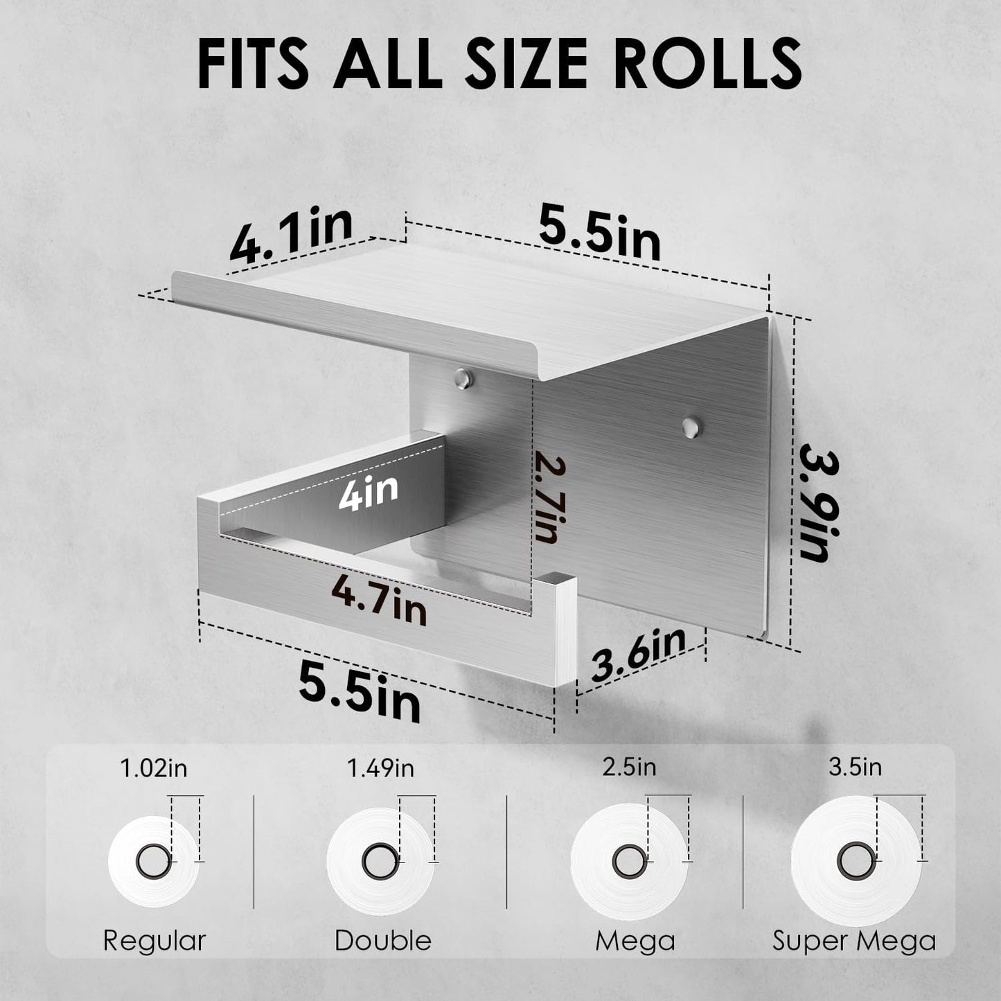 Auxmir Toilet Paper Holder with Shelf, Self Adhesive or Screw Mount, Black | Rustproof SUS304 Stainless Steel with Phone Shelf, Square Anti-Slip Bar, Fits Mega Rolls, Adhesive or Screw Installation