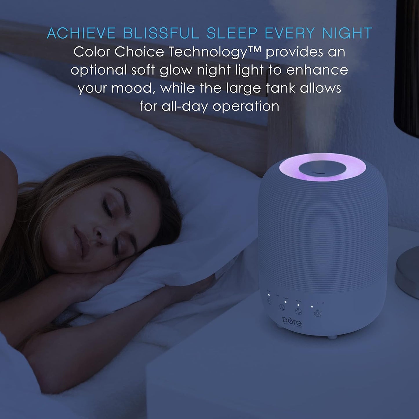 Pure Enrichment® HUME™ Sense Top Fill Humidifier – Large 3L Tank, Auto Mode Humidity Sensor, 3 Mist Settings, Optional Night Light, Optional Aromatherapy, Sleep Mode & Auto Shut-Off