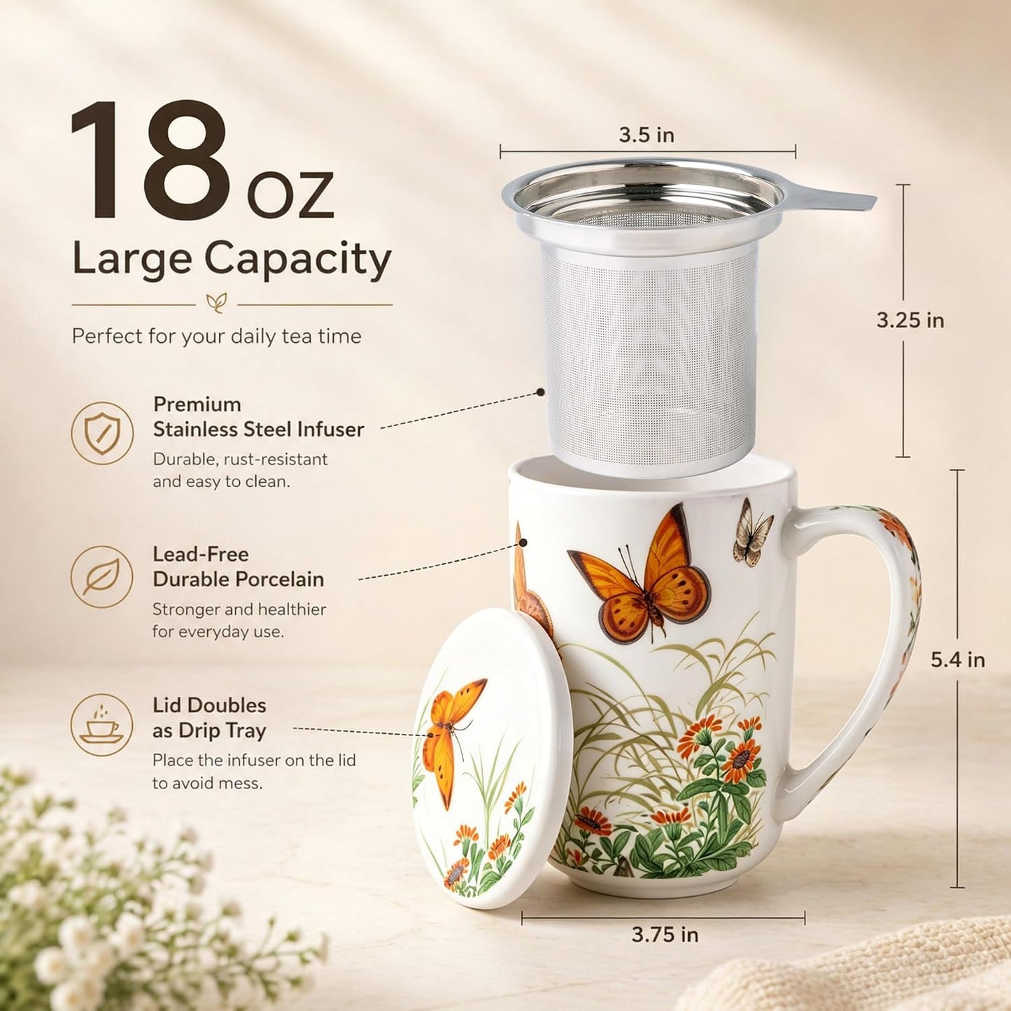 AmorArc Tea Cup With Infuser and Lid, 18oz Loose Leaf Tea Mug With Steeper | Porcelain Tea Mug With Infuser and Lid, Large Strainer Tea Cup with Lid for Tea, Coffee Mug for House-warming Birthday Gift