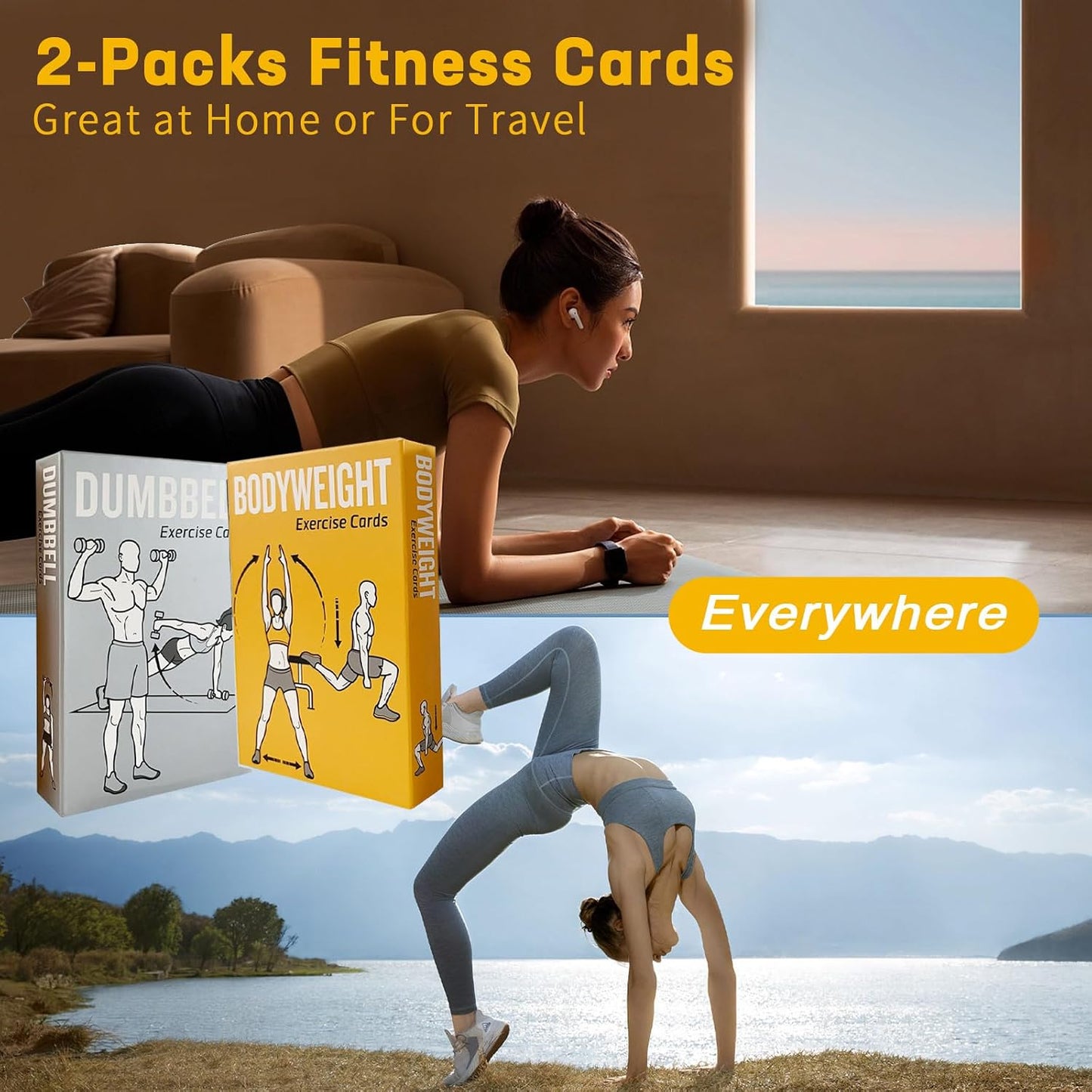 Bodyweight & Dumbbell Workout Cards - 100 Large 5"x3.5" Exercise Cards with 24 Strength Moves, Home & Gym Fitness Cards for Men & Women, Beginner Fitness Guide