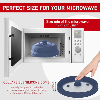 Microwave Splatter Cover Glass 11.8 Inch - Collapsible Microwave Splatter Cover for Plate & Bowl - Tempered Glass Top, Food-Grade Silicone Dome with Heating Vents & Heat-Safe Handle (BLACK)