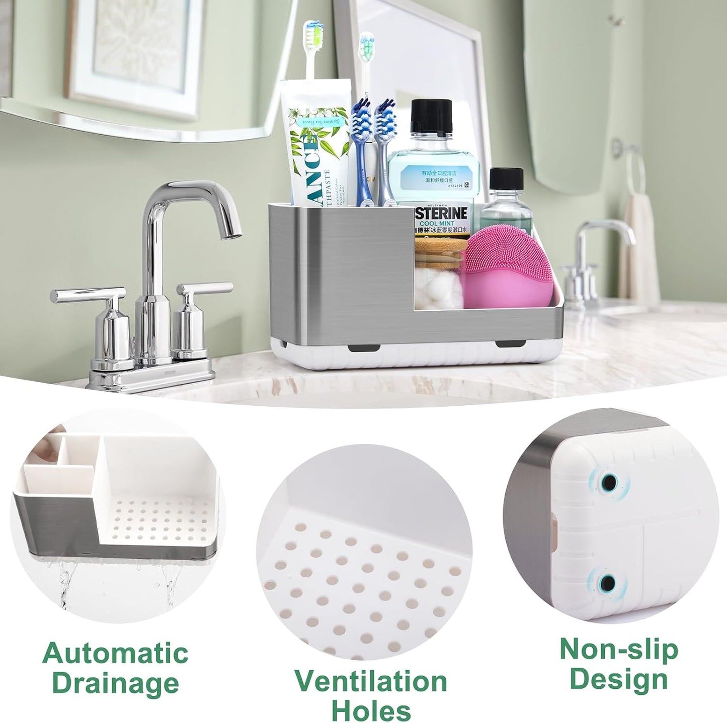 Toothbrush Holders for Bathroom Counter Organizer and Storage (White) | Easy To Clean, Drainage, Non-Slip, Detachable, Kids Electric Toothbrush and Toothpaste Holder for Bathroom