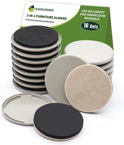 2 in 1 Furniture Sliders, 8 PCS in 3 1/2" or 4", Brown | Furniture Sliders for Hardwood Floors, Furniture Sliders for Carpet, Sliders for Moving Furniture, Furniture Movers Sliders