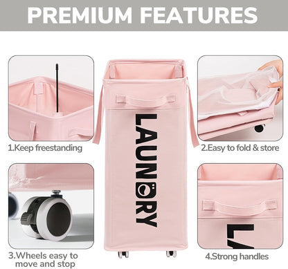 Goodpick 75L Laundry Basket with Wheels & Removable Wash Bag for Dorm | Rolling Laundry Basket with Handles for Dirty Clothes, Fodable Hamper for Laundry Room, Dorm Room Essentials, Grey