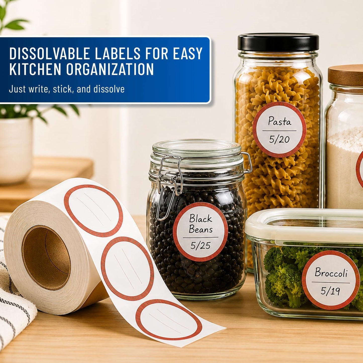 Water Soluble Labels for Food Containers – Dissolvable Kitchen Labels – No Sticky Residue – 2" Diameter, Two-Line Writable Surface, 200 Labels Per Roll (Purple)