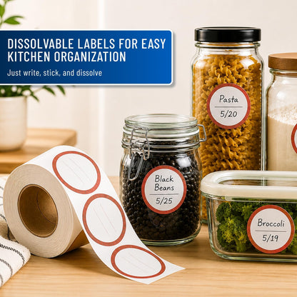 Water Soluble Labels for Food Containers – Dissolvable Kitchen Labels – No Sticky Residue – 2" Diameter, Two-Line Writable Surface, 200 Labels Per Roll (Purple)