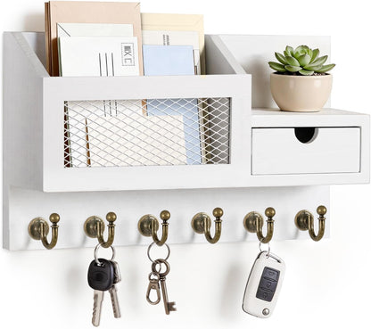 FifthQuarter Key and Mail Holder Wall Mount with Drawer and 6 Sturdy Hooks | Cute Rustic Farmhouse Wooden Key Hanger, Reliable Entryway Organizer for Keys and Daily Essential, Easy Installation, A-White