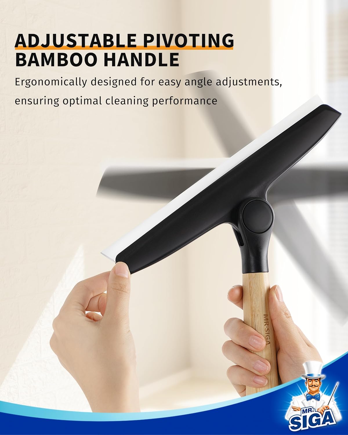 MR.SIGA Silicone Squeegee for Shower Door, Mirror, Glass, 10 inch, White | Streak free shower squeegee for windows, showers and glass surfaces, pivoting bamboo handle, includes 1 suction hook