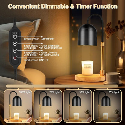Candle Warmer Lamp with Timer & 3 Bulbs, Dimmable Electric CandleLight Adjustable Height and Brightness Candle Wax Warmer for Jar Candles Bedroom Home Decor House Warming Gift for Women (Round Gold)