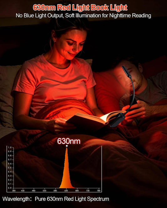 630nm Red Book Light for Reading at Night [1 Pack] - Zero Blue Light, Dimmable Reading Lights for Books in Bed, LED Book Lamp Clip on, Gift for Students Parents Nurse Studying Travel