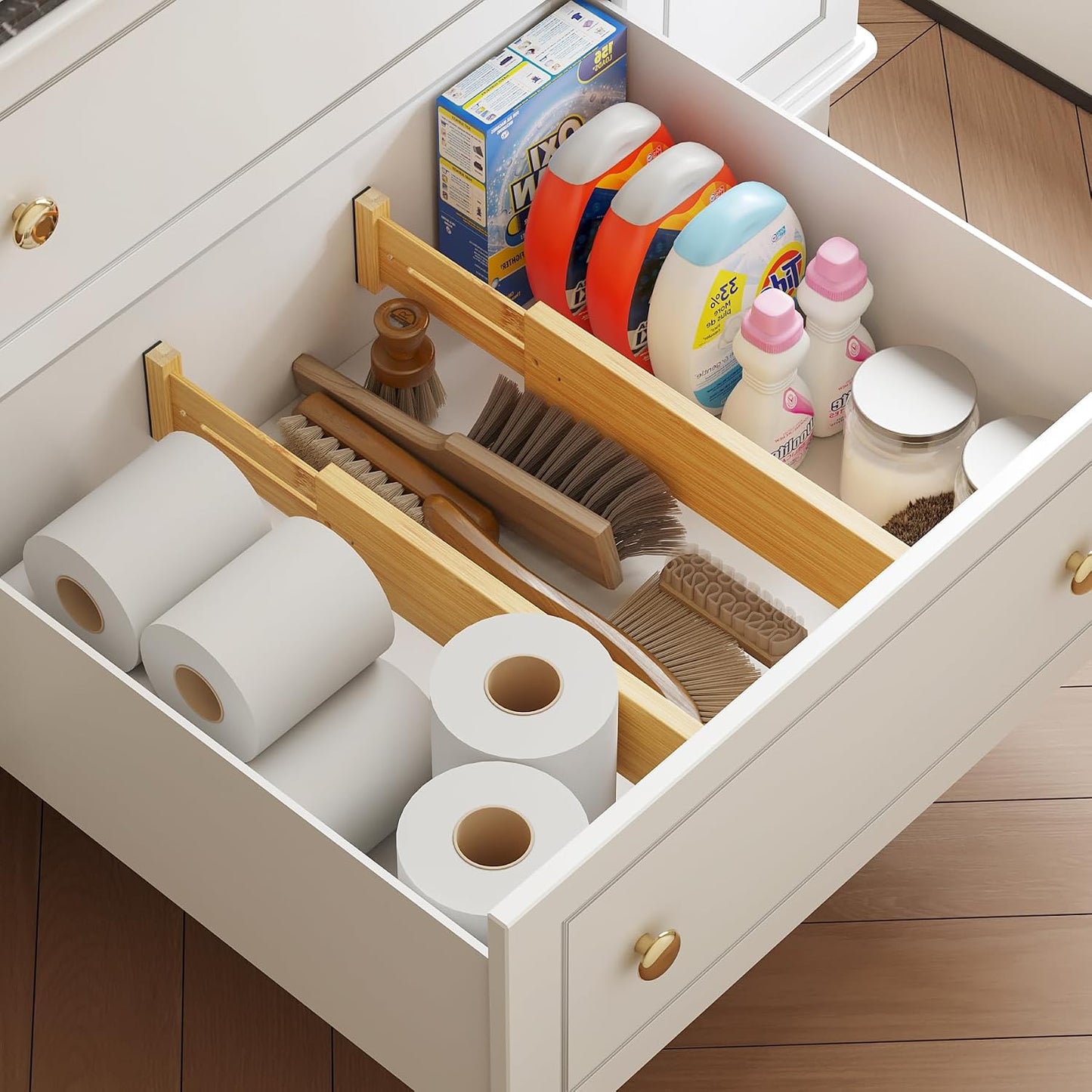 BAMEOS Bamboo Expandable Drawer Dividers – Fits 16.6"–22" Drawers, 2" High, Set of 4 | Spring-Loaded Bamboo Separator for Kitchen Island, Bathroom Vanity & Dresser Drawers