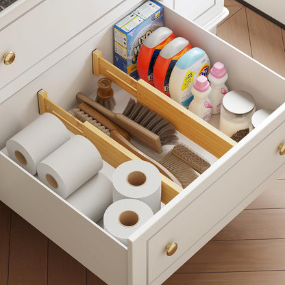 BAMEOS Bamboo Expandable Drawer Dividers – Fits 16.6"–22" Drawers, 2" High, Set of 4 | Spring-Loaded Bamboo Separator for Kitchen Island, Bathroom Vanity & Dresser Drawers