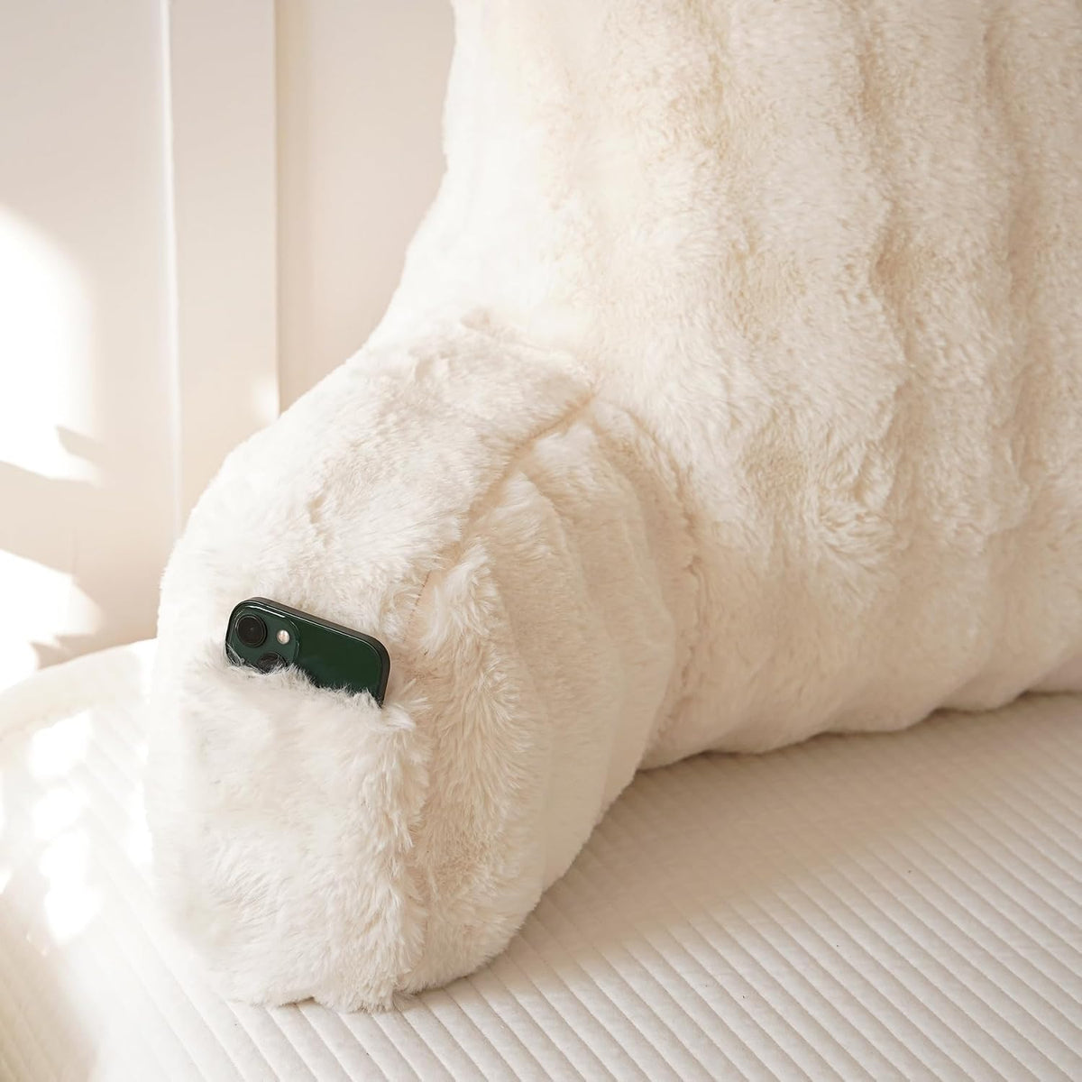 Faux Fur Reading Pillow for Sitting in Bed, Large Backrest Bed Pillow with Arms, Back Support Pillow for Lounging Bedrest, Beige