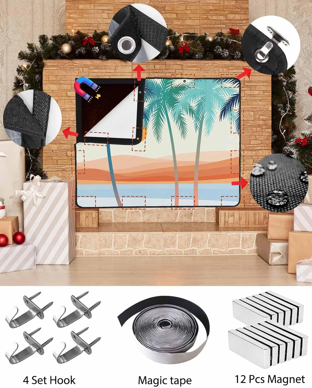 Magnetic Fireplace Cover Boho Summer Beach Fireplace Screen Decorative Mount Coconut Tree Bohemian Insulation Fireplaces Blocker Save Energy Fireplaces Draft Stopper Covers for Living Room 45x34