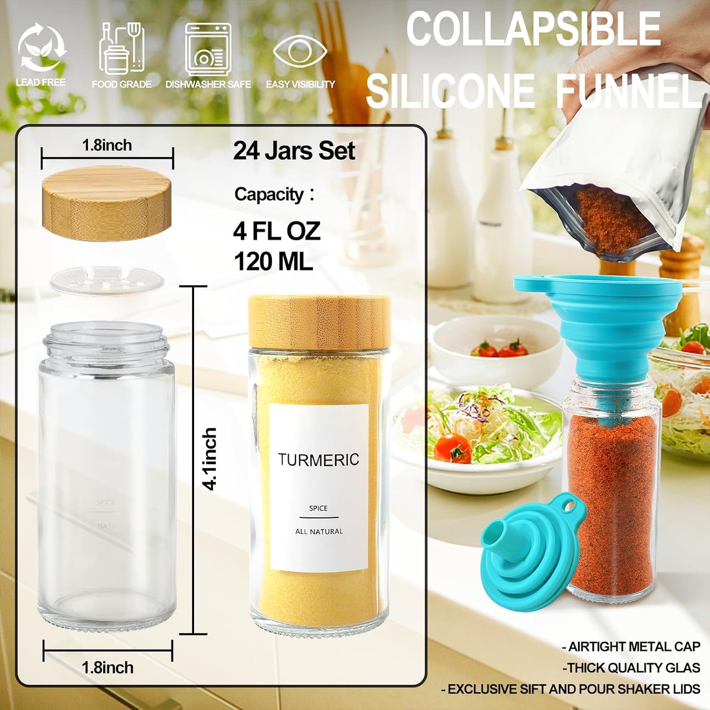 Glass Spice Jars with Bamboo Lid & 398 Label for Cabinet & Drawer Organizer | 24 pcs 4 fl oz Square Spice Bottles With Shaker Lids,Airtight Spice Containers Keep Fresh,Seasoning Containers Organization