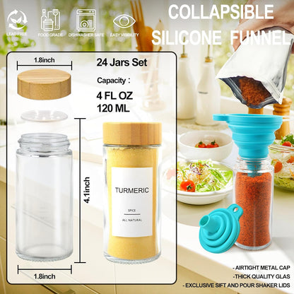 Glass Spice Jars with Bamboo Lid & 398 Label for Cabinet & Drawer Organizer | 24 pcs 4 fl oz Square Spice Bottles With Shaker Lids,Airtight Spice Containers Keep Fresh,Seasoning Containers Organization