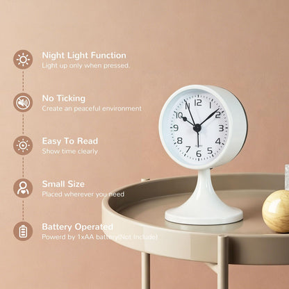 Alarm Clock, Metal 3 inch Silent Non Ticking Small Clock with Night Light, Battery Operated, Desk Analog Clock for Bedrooms Decoration, Old Fashioned Style Clock for Bedside, Adult, Gift