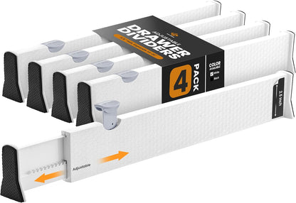 RAPTUROUS Adjustable Deep Drawer Divider – 6" Tall, Expandable 13-22", 4-Pack, Non-Slip Drawer Dividers for Clothes, Dresser, Kitchen & Office Organization (White)