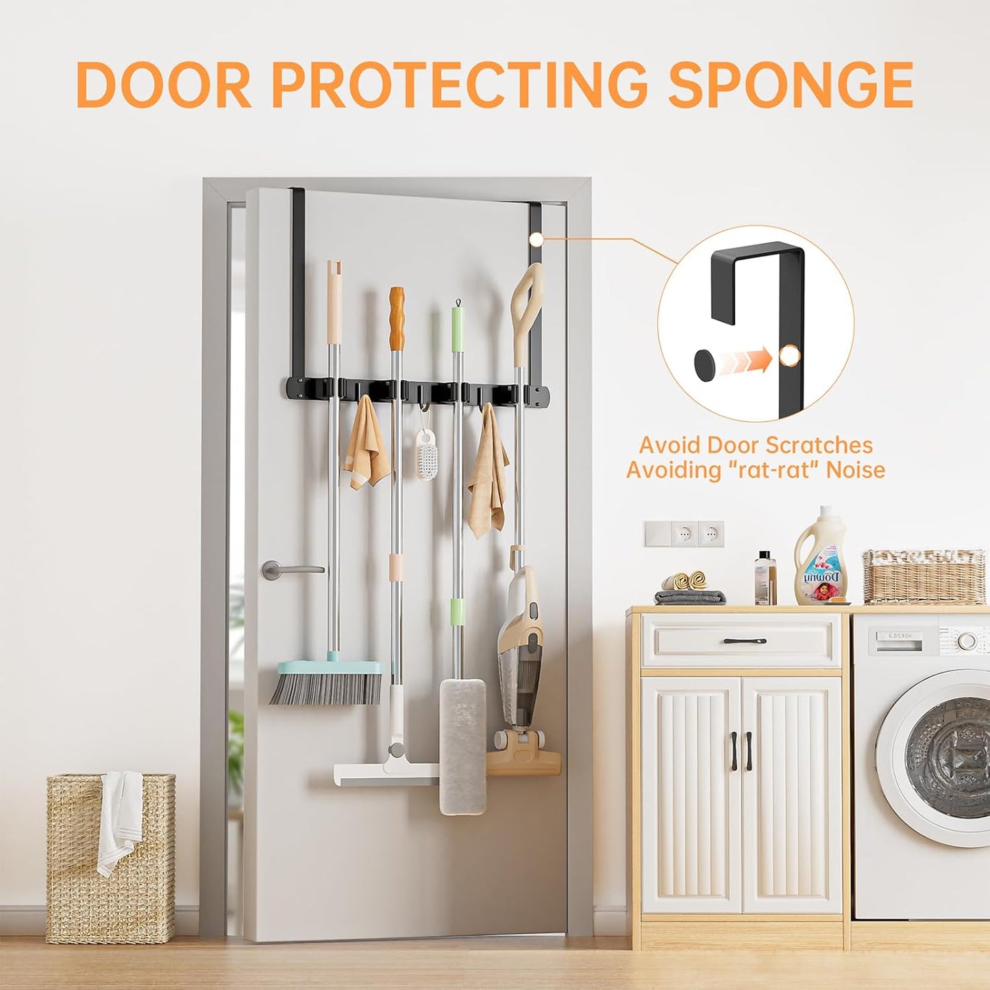 Broom Holder Over The Door with Hooks -304 Stainless Steel (Black) | Save Space, Anti-Rust & Sturdy, Mop and Broom Holder Wall Mounted or Hanging Over The Door, for Garage Laundry Kitchen