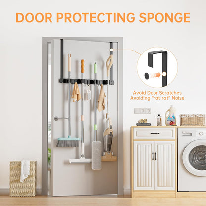 Broom Holder Over The Door with Hooks -304 Stainless Steel (Black) | Save Space, Anti-Rust & Sturdy, Mop and Broom Holder Wall Mounted or Hanging Over The Door, for Garage Laundry Kitchen