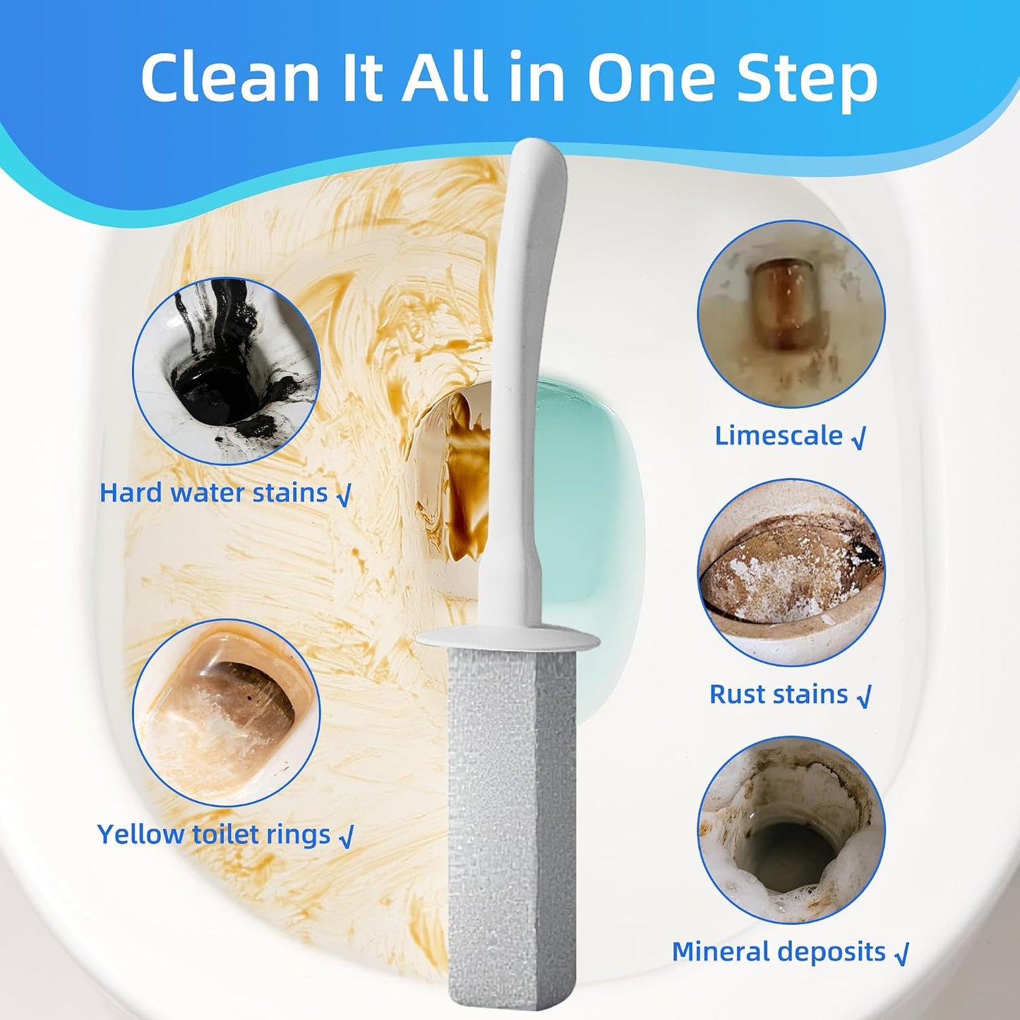 Toilet Brush and Holder Set with Pumice Stone Toilet Bowl Cleaner | Long-handle Scrubber with Ventilated Holder and Pumice Stone for Hard Water Stains, Limescale and Toilet Rings