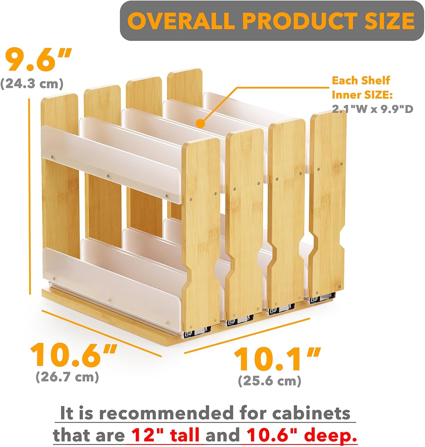 SpaceAid Bamboo Pull Out Spice Rack Organizer for Cabinet, Heavy Duty Slide Out Seasoning Kitchen Pantry Sliding Vertical Organization, 7.6" Wide, 3 Drawers(2" Wide), 2-Tier, Natural