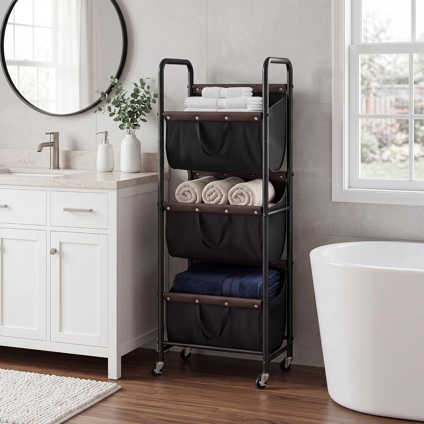 GRANNY SAYS 3 Tiered Laundry Sorter, Narrow Hamper Cart with Wheels | Sturdy 3 Section Laundry Basket with Wheels, Vertical Beige Hamper Cart for Bedroom, Bathroom, Apartment