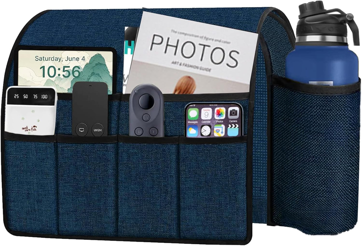 Ntomtuex Sofa Armchair Caddy Remote Control Holder with Water Bottle for Couch Recliner, Armrest Organizer with 7-Pocket Design for Magazines, Eyeglasses, iPad, Phone, Dark Grey