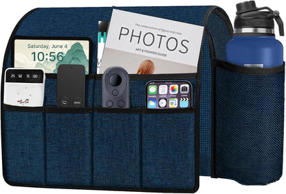 Ntomtuex Sofa Armchair Caddy Remote Control Holder with Water Bottle for Couch Recliner, Armrest Organizer with 7-Pocket Design for Magazines, Eyeglasses, iPad, Phone, Dark Grey