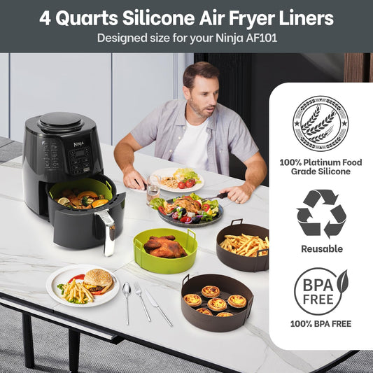 Air Fryer Silicone Liners 4QT For Ninja AF101, 2 Pack BPA Free Platinum Air Fryer Basket Liners with Handle, Round Reusable Liner Ninja Fryer Accessories, Upgrade