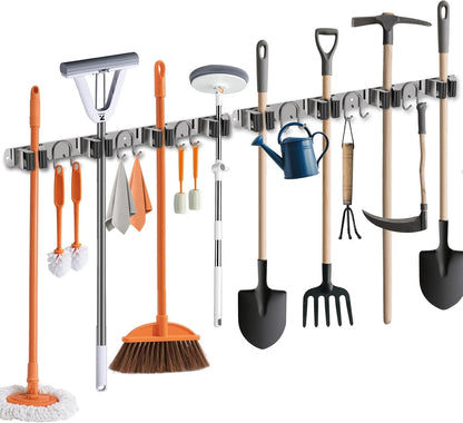 Mop Broom Holder Wall Mount, Gold Stainless Steel Tool Storage Organizer for Kitchen Garden Garage Laundry Room Bathroom and RV with 4 Slots 6 Hooks