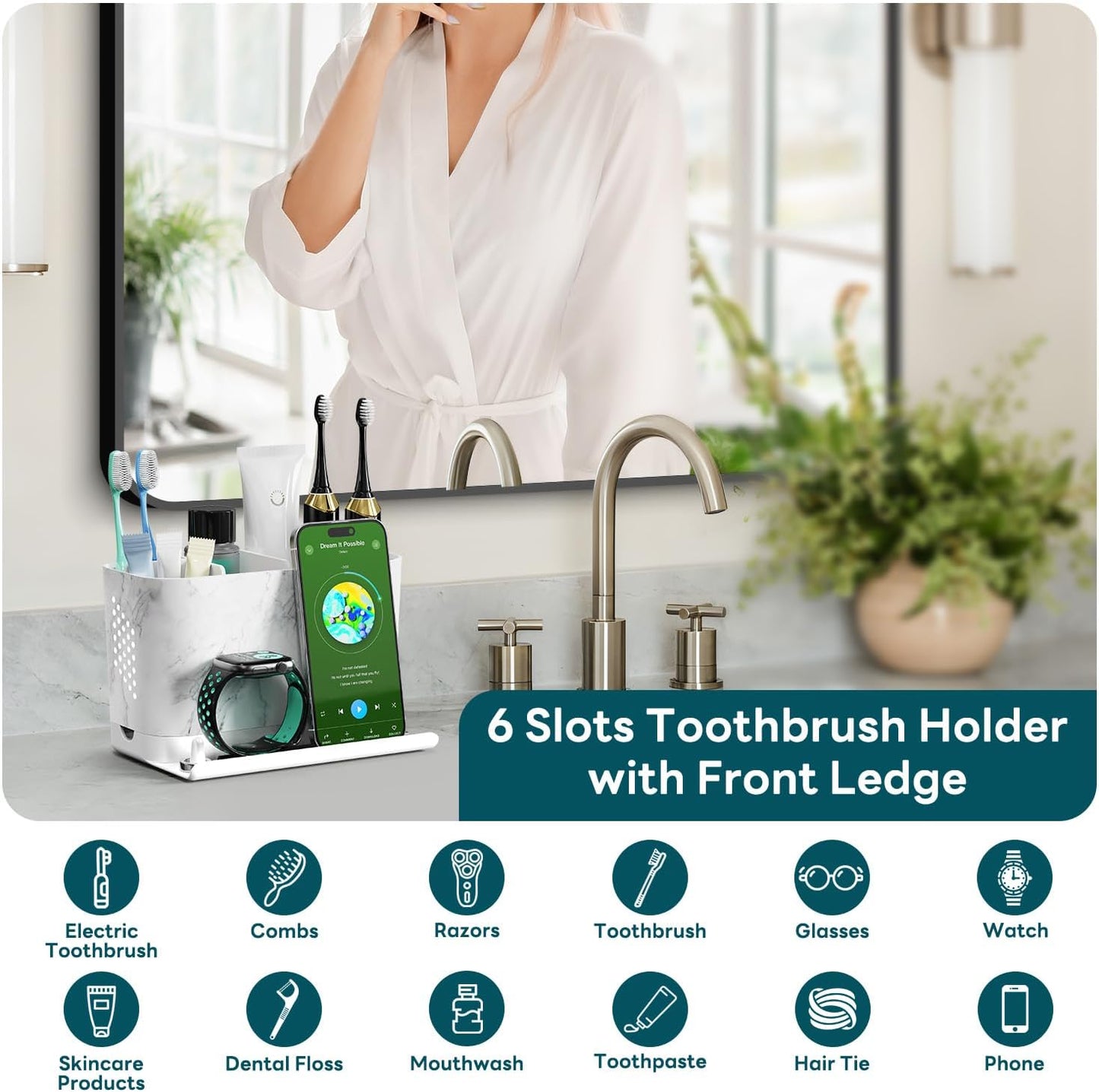 Bathroom Organizers and Storage 6 Slots Wood Grain Electric Toothbrush Holders with Phone Holder and Adjustable Dividers, Cord-Friendly Toothbrush Organizer with Drainage for Family, Kids