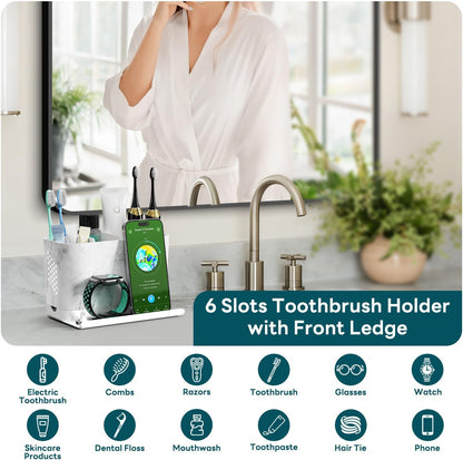 Bathroom Organizers and Storage 6 Slots Wood Grain Electric Toothbrush Holders with Phone Holder and Adjustable Dividers, Cord-Friendly Toothbrush Organizer with Drainage for Family, Kids