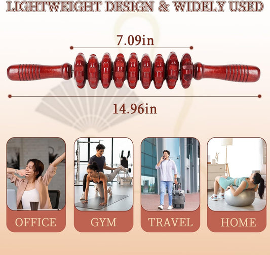 Liitrton Manual Wooden Massage Roller Stick for Muscle Relief, 9‑Wheel | Smooth Body Roller, Wood Therapy Massage Tools for Trigger Point Relief, Legs Sore Muscle Recovery